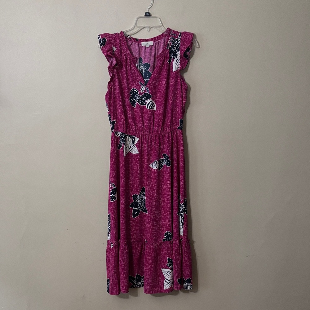 LOFT Outlet Women’s Size M Magenta Floral Ruffle Dress